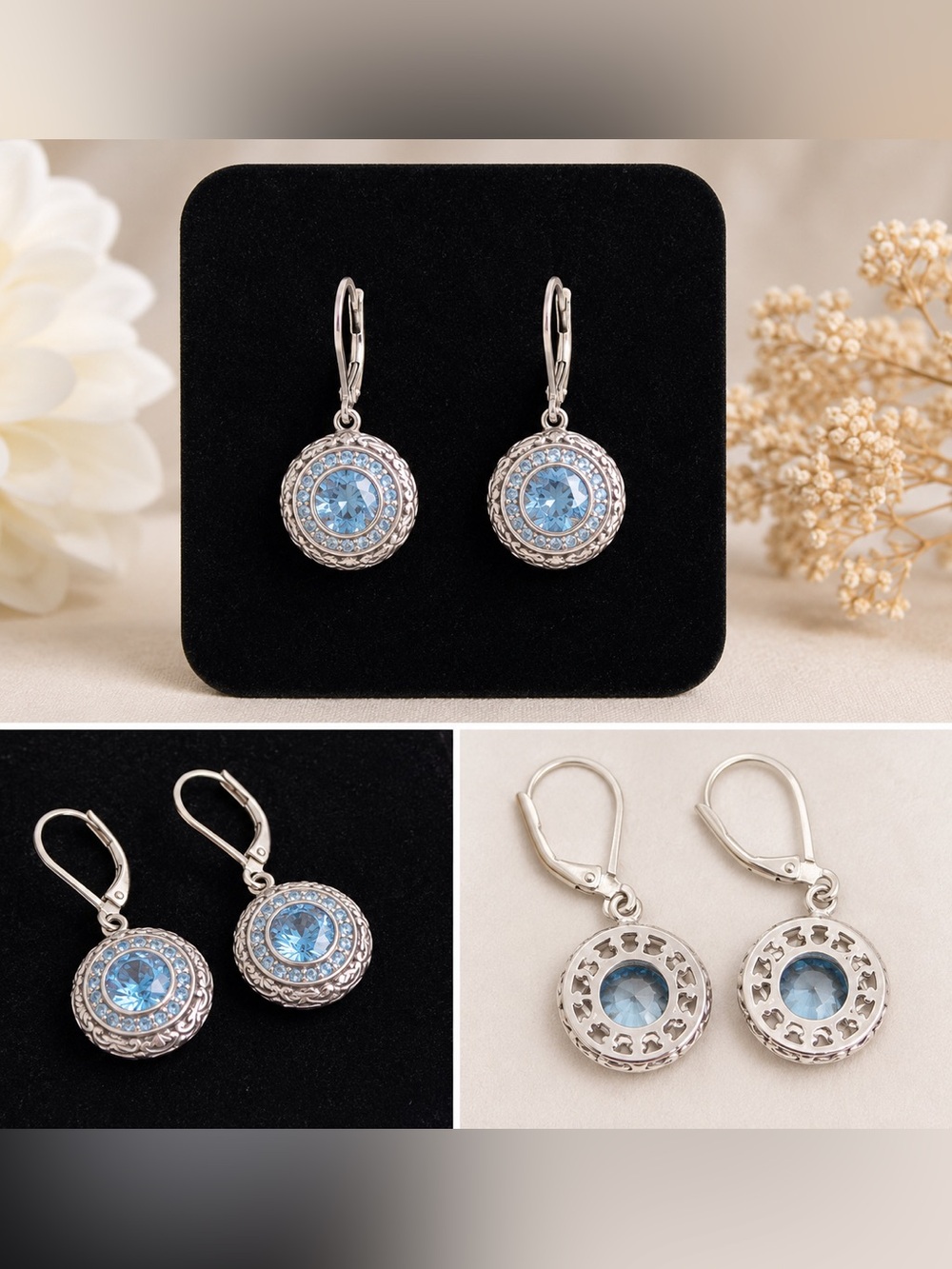 Vintage Style Blue Crystal Leverback Earrings 1/2” Silver Tone Filigree (J-0005)